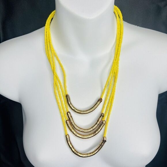 Beautiful Yellow Brassy Tone Multi Strand Seed Beads Statement Necklace 1562 - Picture 2 of 13